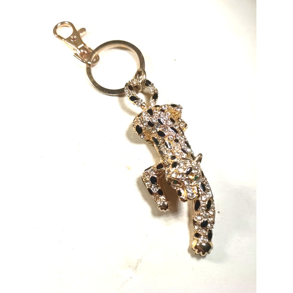 Leopard Rhinestone Keychain Gold Tone Black Green Rhinestone Keychain Purse Clip - Picture 2 of 6